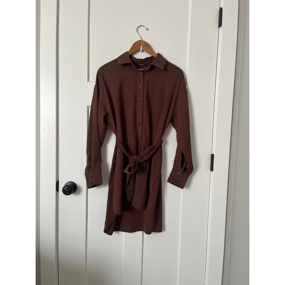 Forever 21 Women Brown Long Sleeve Button Down Belted Shirt Dress Size S Small - Picture 4 of 5